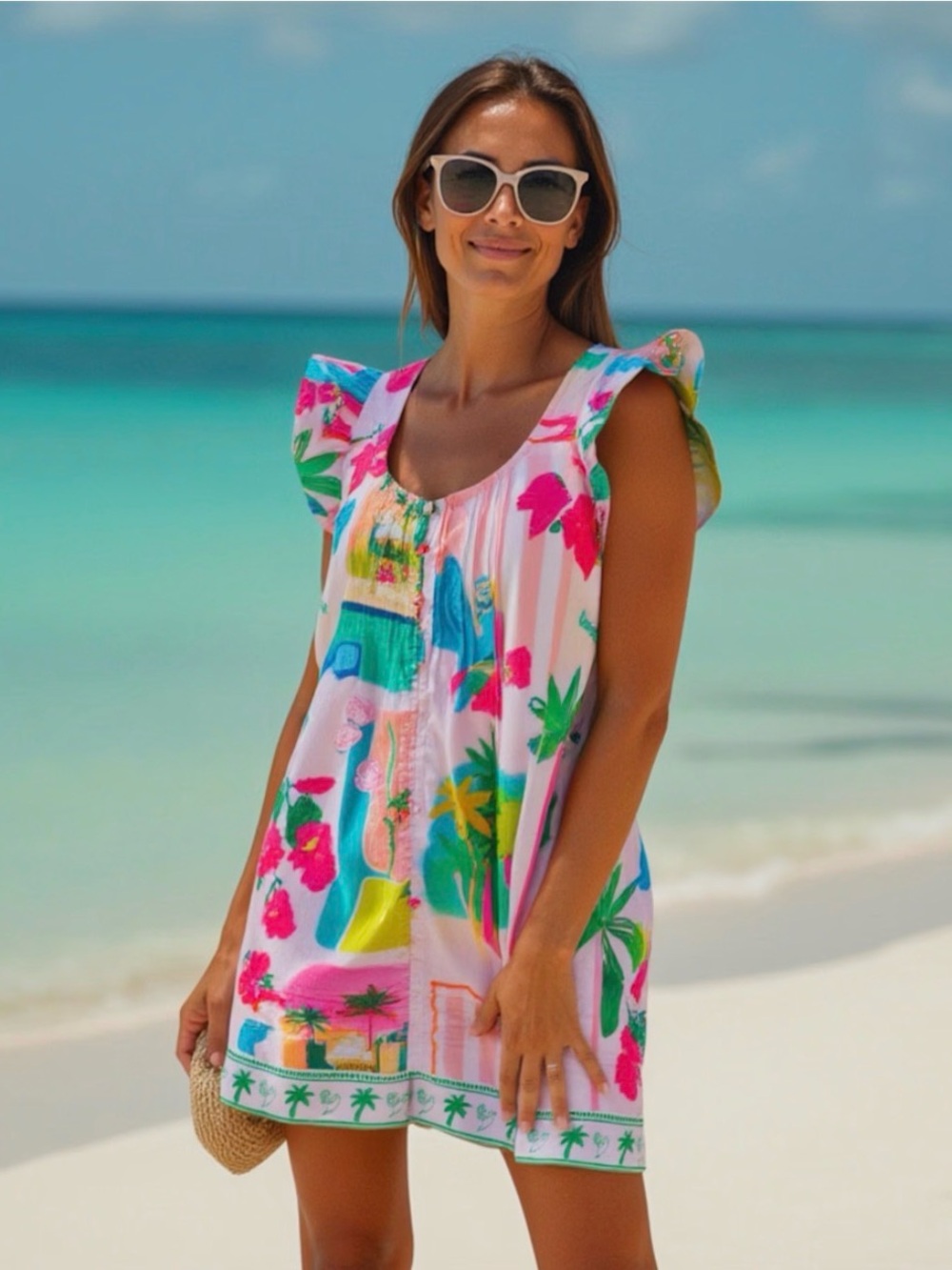 Pick Happy Limited Edition Ruffle Sleeve Mini Dress - Palm Beach - Great CoverUp